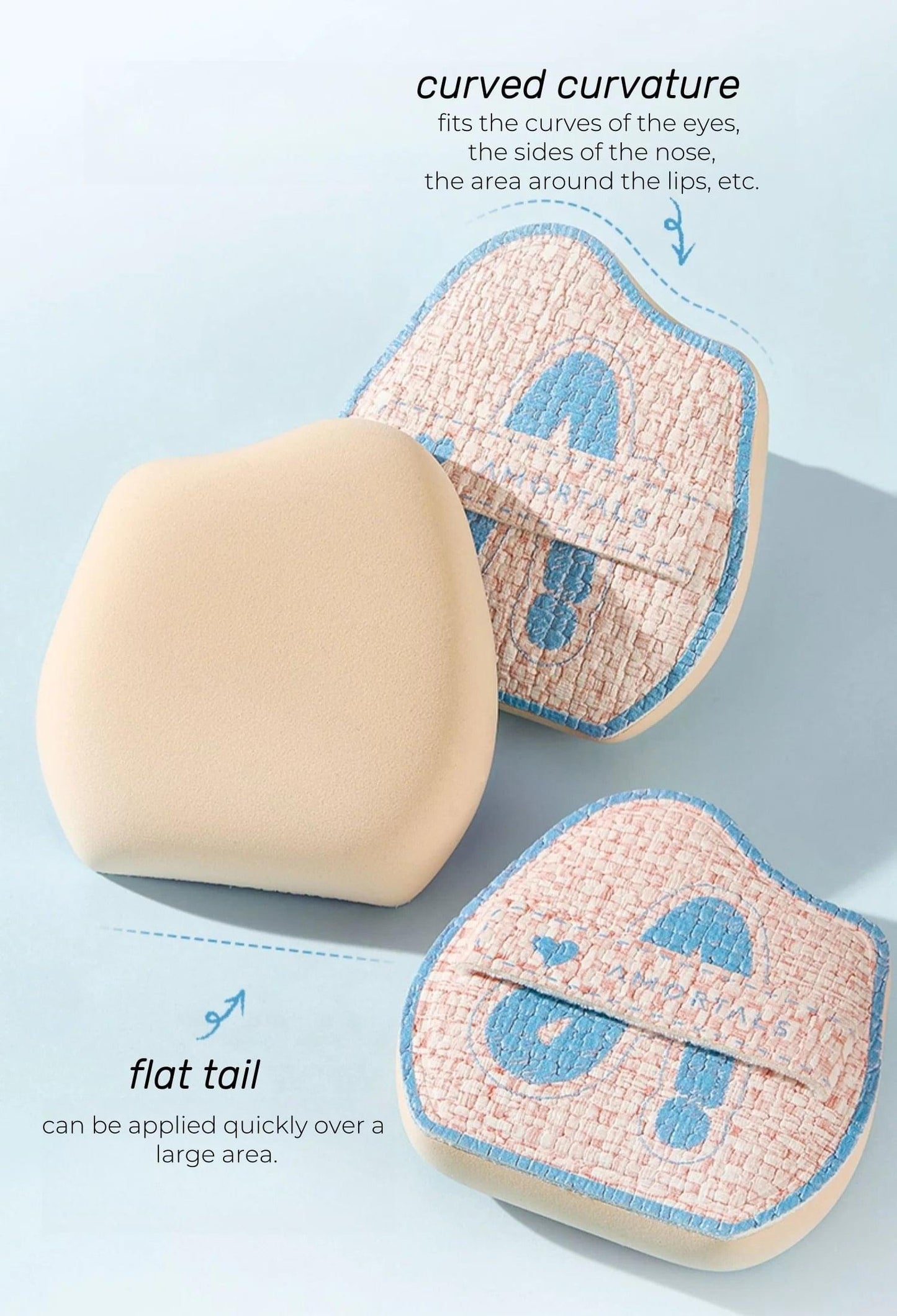 AMORTALS base makeup sponge set: round and curved sponges, light beige with blue pattern