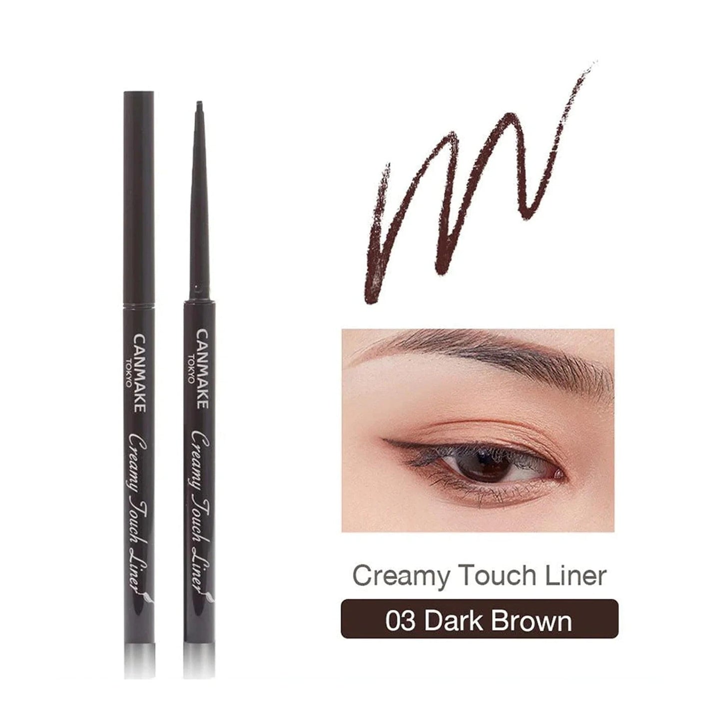 Dark brown eyeliner pencil pair with eye and brow swatches