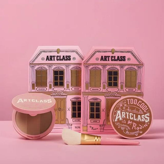 Pink art class makeup compact set with two compacts, brush, and small applicator