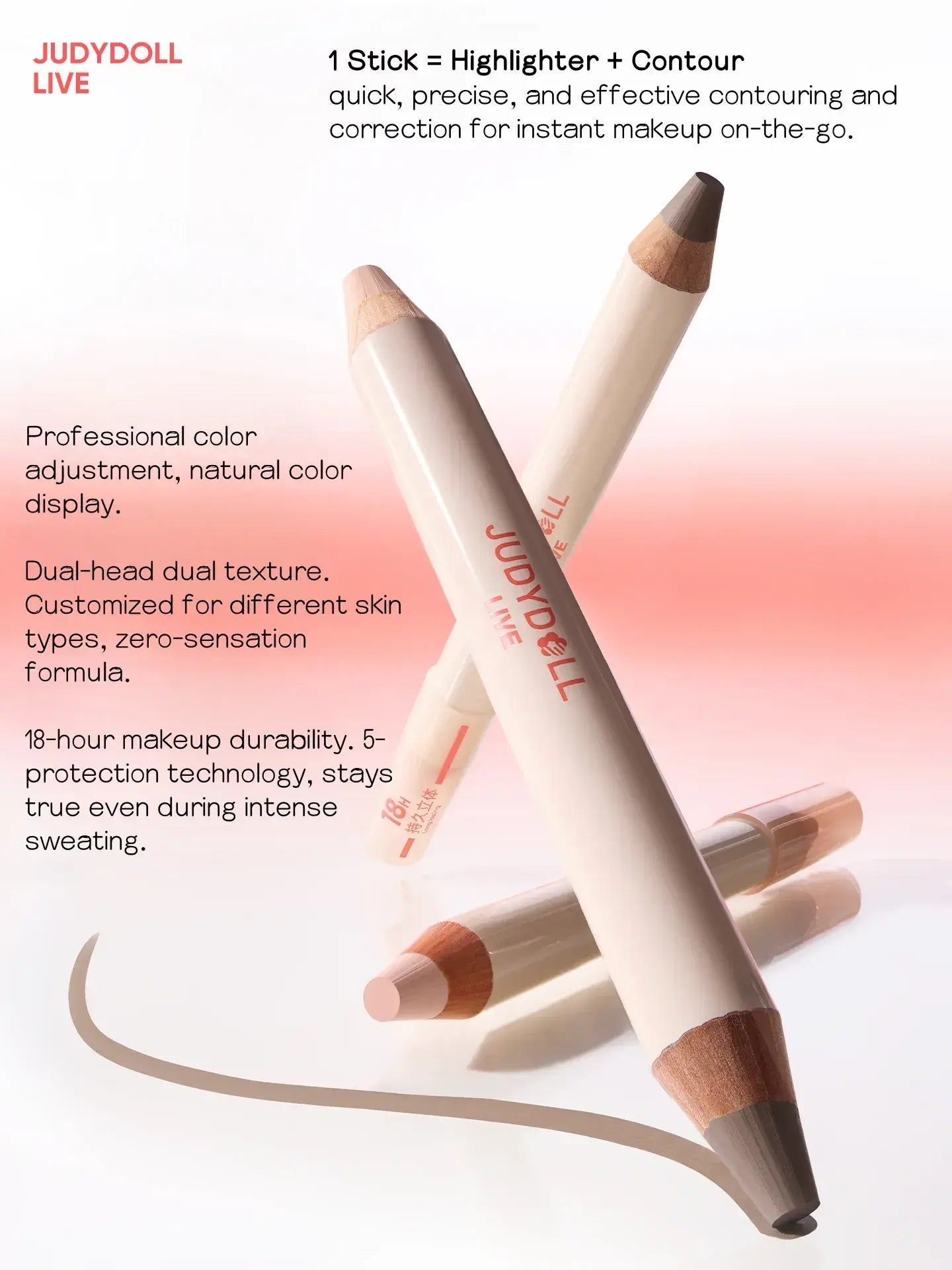 Highlight and contour makeup stick, beige dual-ended with light and brown tips