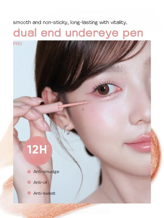 Dual-end under-eye pen with wand held near eye, for long-lasting under-eye color