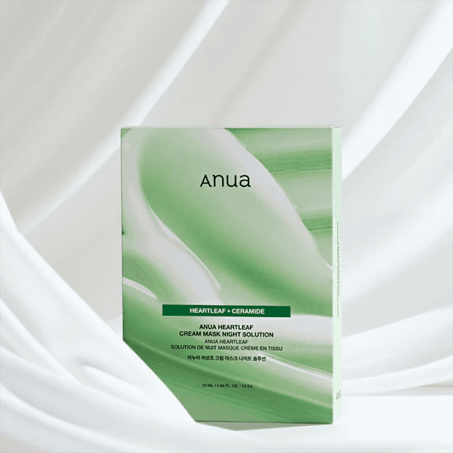 Anua Heartleaf cream sheet mask box, angled front with green gradient and Anua logo