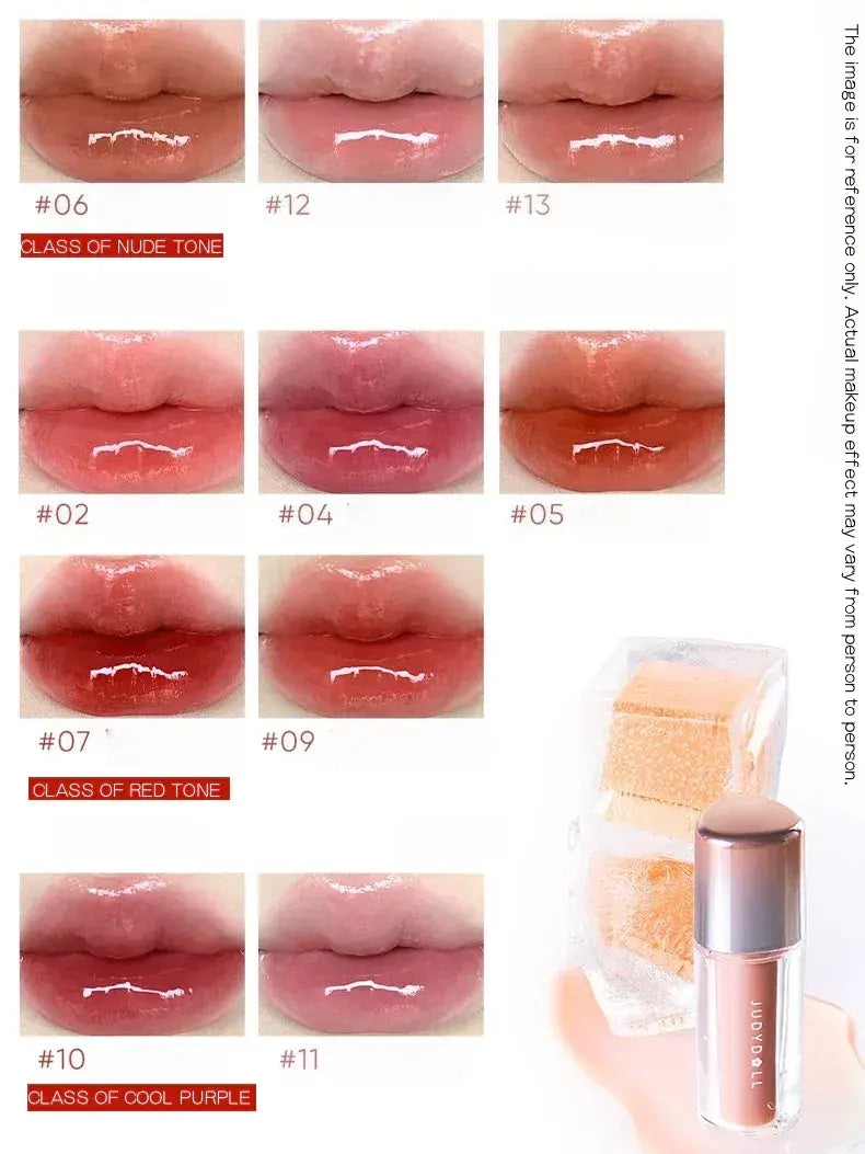 Lip swatch chart of glossy shades on lips, numbered #02–#13, with applicator.