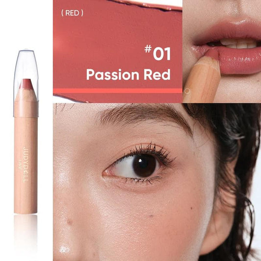 Passion Red lip & cheek balm pencil #01 with red swatch and close-up lips