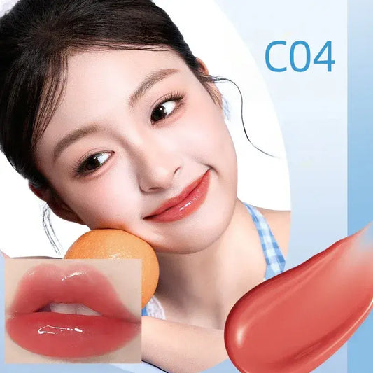 Model showing orange-coral glossy lips, with lip gloss cap and shade C04.