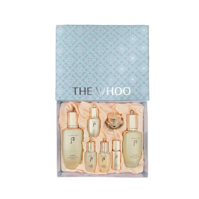 Christmas skincare set box with gold-accent bottles inside and THE WHOO logo