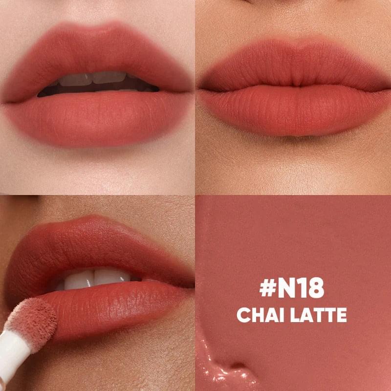 Matte stay lip cream swatch in N18 Chai Latte, matte lip close-up with applicator