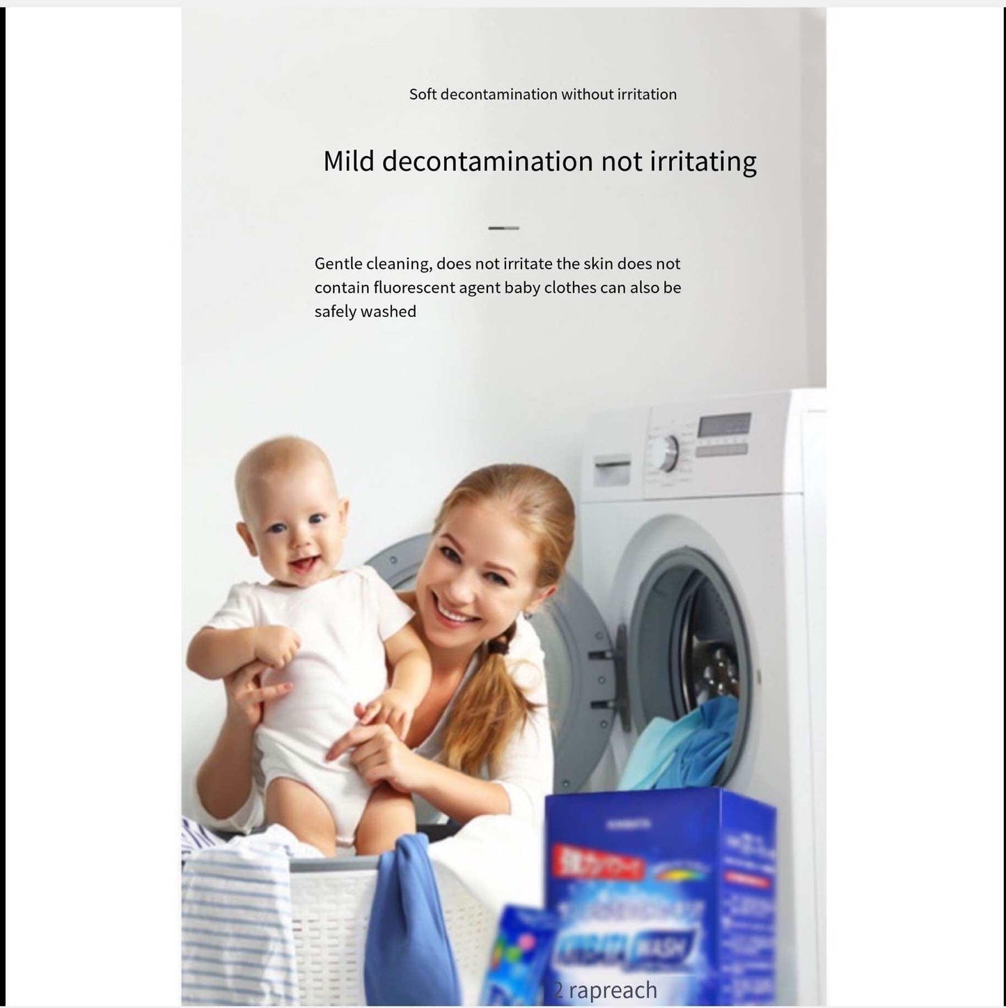 Laundry oxygen bleach powder sachets with baby and parent near a washing machine