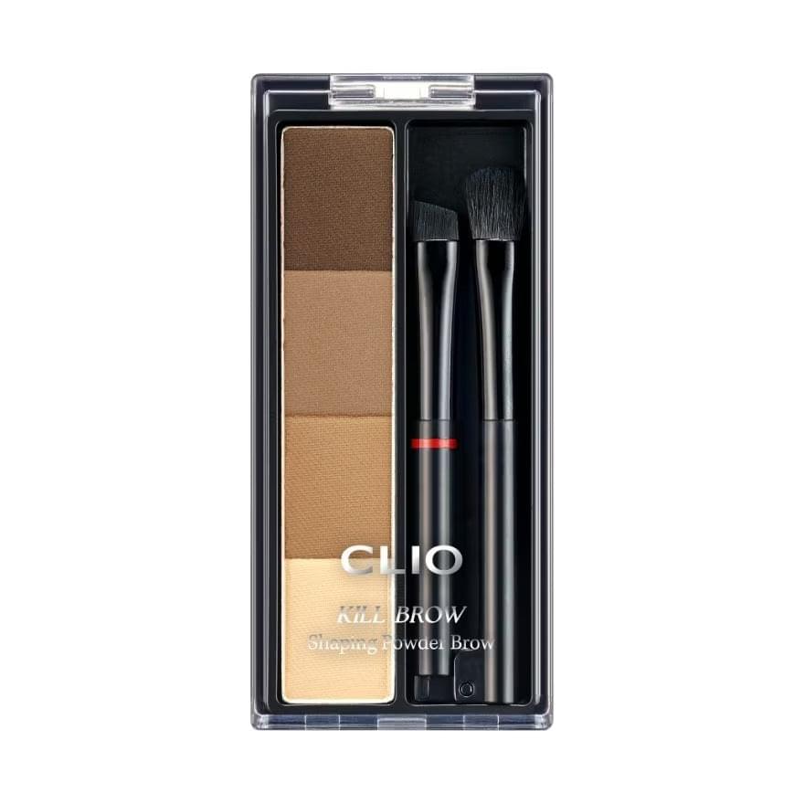 Brow shaping powder set in clear case with three brown shade pans and two brushes