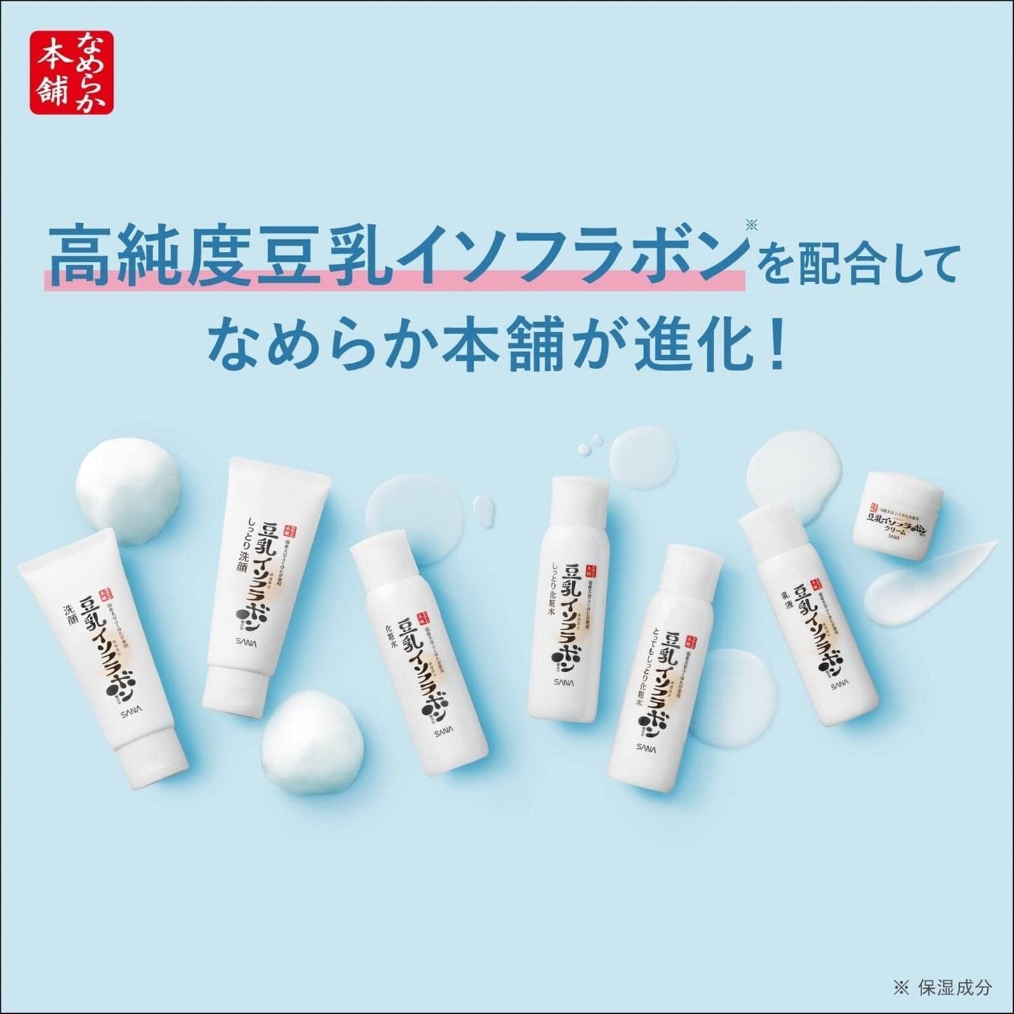 Product box insert showing multiple soy milk isoflavone cream bottles and jars on a blue layout.