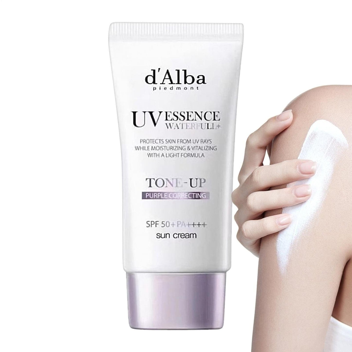Tone-up sun cream in white tube with lavender base, applied lotion on arm, SPF50+ PA++++