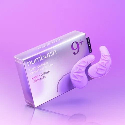 NAD+ collagen under-eye patches, purple gel pad beside box, 1 pair shown