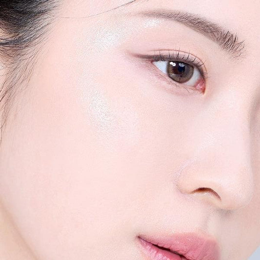 Face primer on skin, close-up of cheek and eye with dewy finish