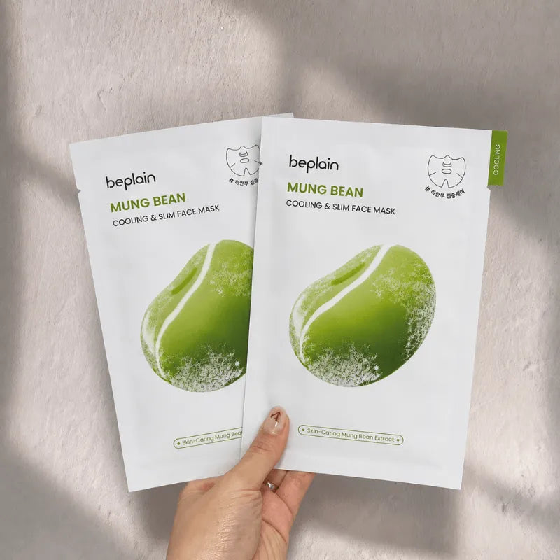 Two beplain Mung Bean cooling face mask sachets, sealed packets