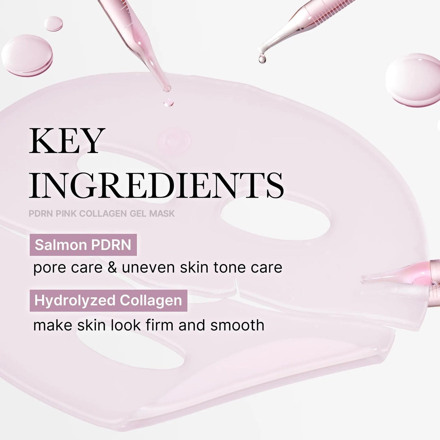 Pink collagen gel sheet mask, round sheet with serum droplets