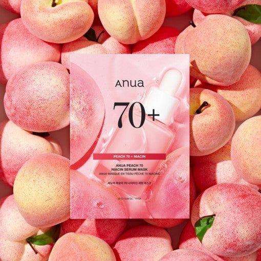 Anua 70+ peach niacin sheet mask package among peaches