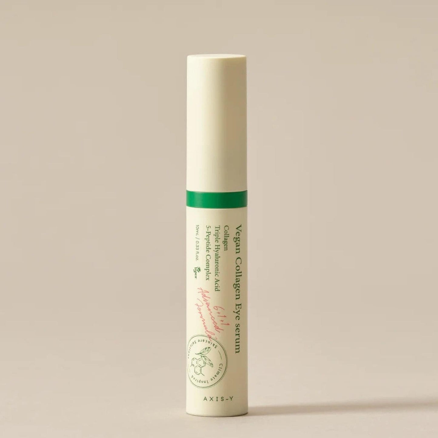 Vegan collagen eye serum bottle with green band and CoolTouch applicator cap
