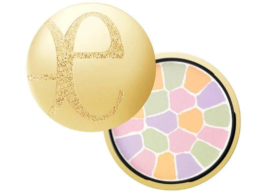 Face powder compact with pastel mosaic pan, soft lilac, mint, and peach tones