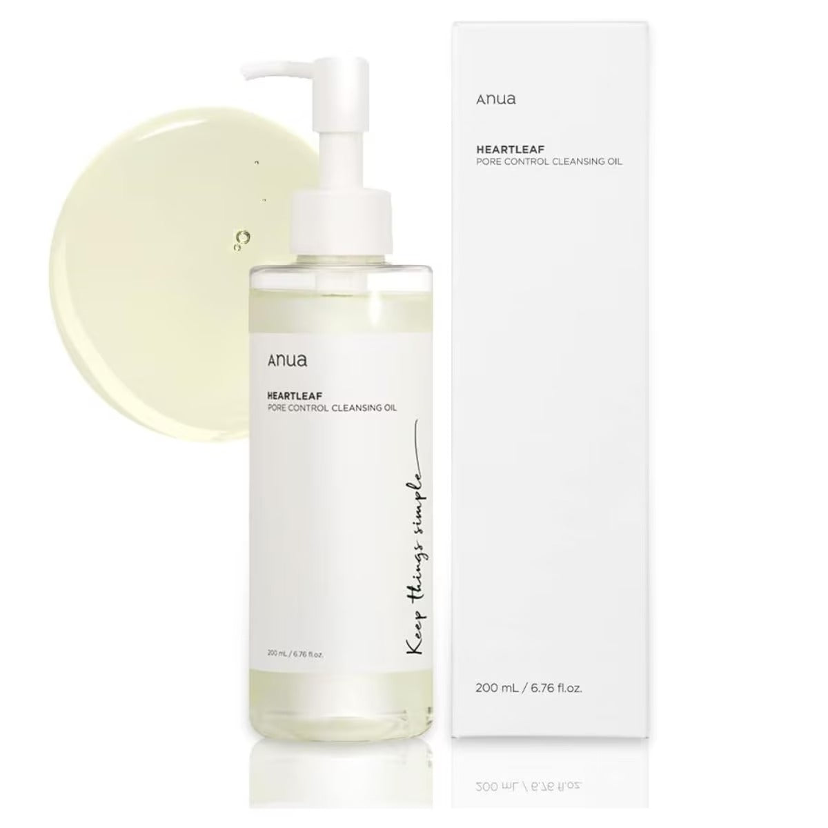 Anua cleansing oil bottle with pump and white product box, 200 ml