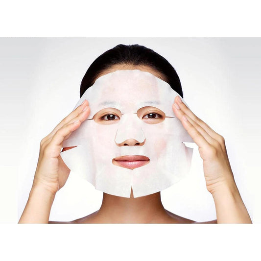 White facial sheet mask worn on face with eye and mouth cutouts