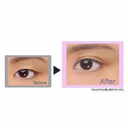 Before-and-after eye look showing defined double eyelid crease with adhesive gel.