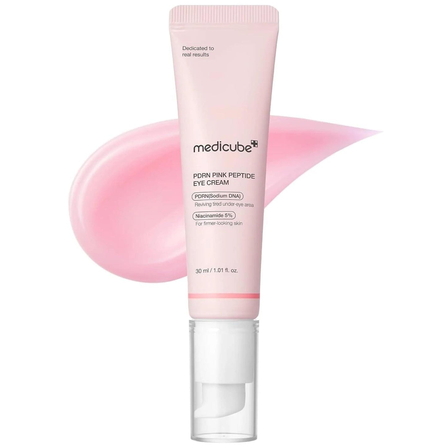 Pink eye cream tube with white cap, transparent bottom, front label visible.