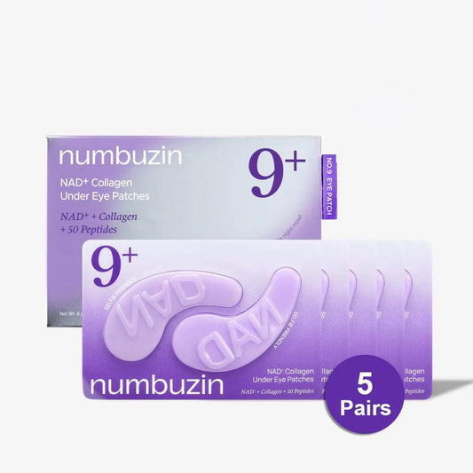 NAD+ collagen under-eye patches set with box and five pairs of purple gel pads