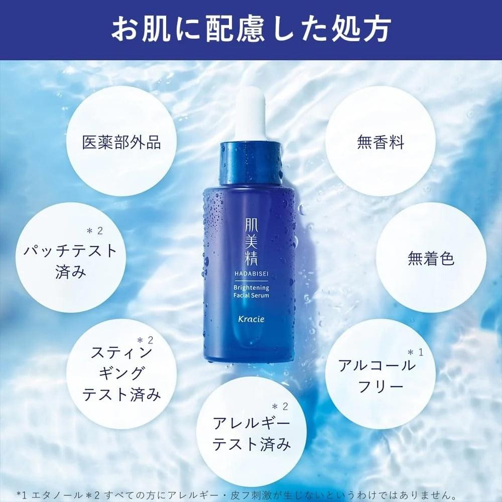 Blue facial serum bottle in water-themed infographic with feature icons