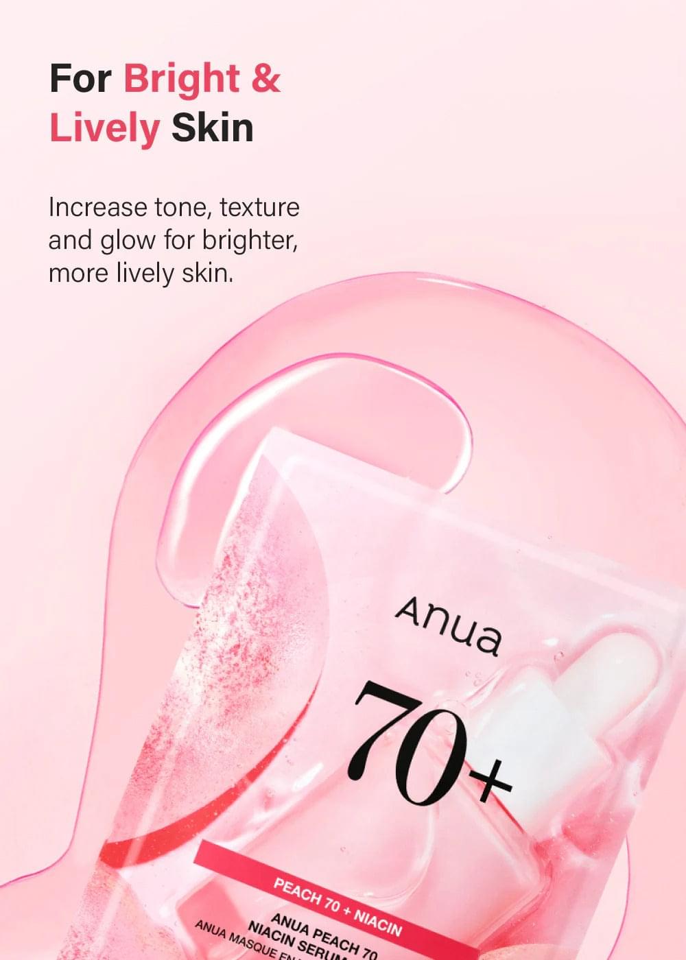 Anua Peach Niacinamide sheet mask pack with 70+ graphic