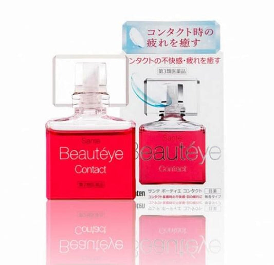 Contact eye drops bottle with red label, front view with boxed set