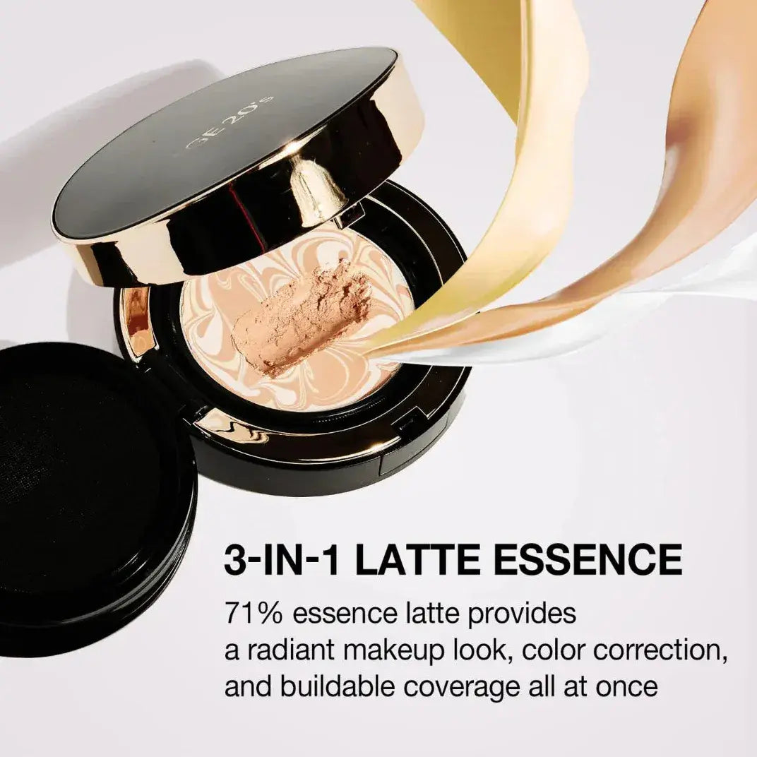 AGE 20's compact with cushion insert showing swirling pattern and 3-in-1 latte essence info
