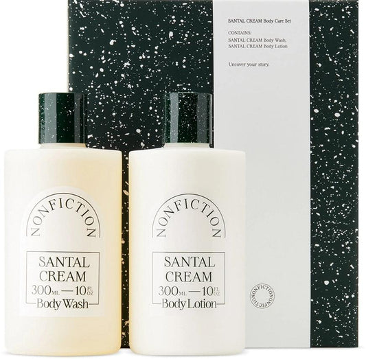 Santal Cream body care set in box with two bottles: body wash and body lotion