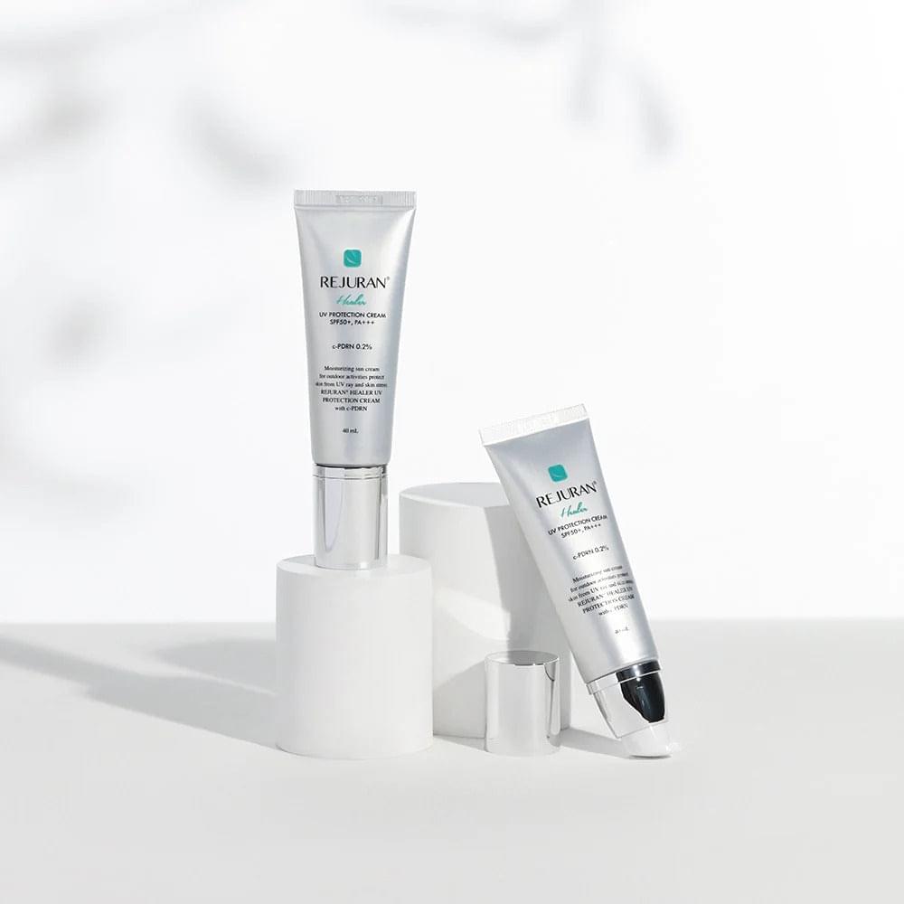 REJURAN Healer UV protection cream SPF50+ PA+++ 40 ml tubes on white pedestal