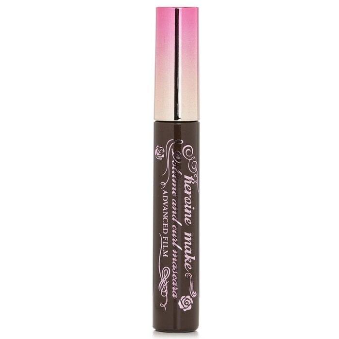Waterproof mascara tube with pink top and brown body, vertical wand