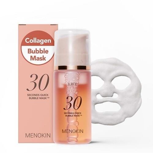 Collagen bubble mask bottle with pump and a white bubble mask in front