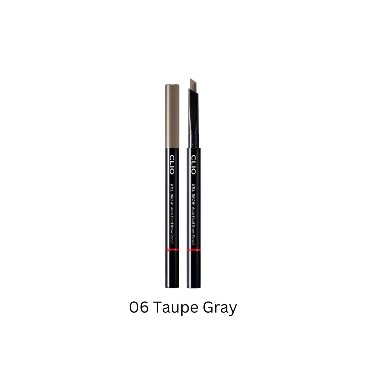 Auto hard brow pencil in Taupe Gray, applicator tips and gray-brown brow strokes
