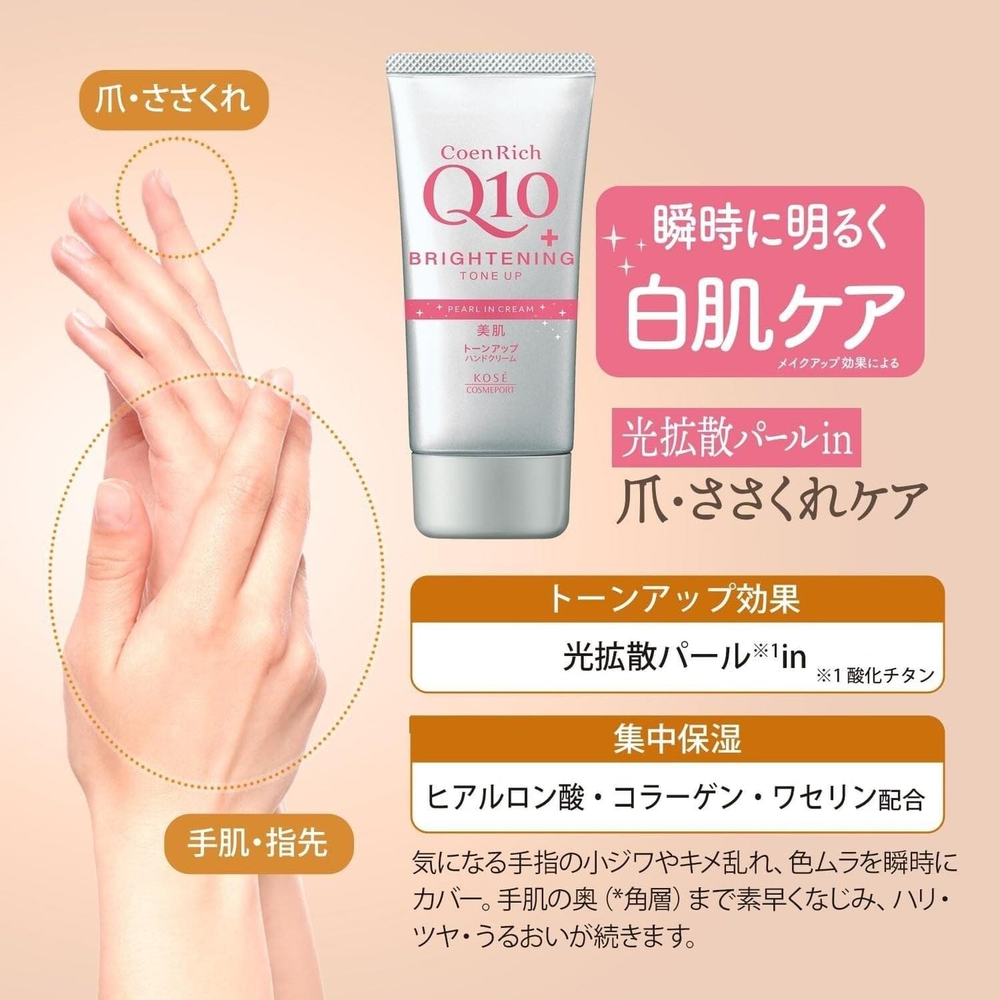 CoenRich Q10 tone-up hand cream tube with infographic hands