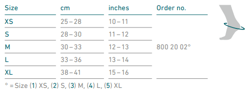 Ankle brace size chart with foot length measurements in cm and inches