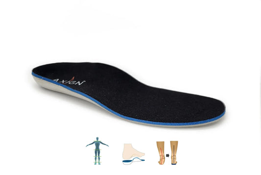 Black shoe insole insert with blue edge, branded surface for orthotic fit