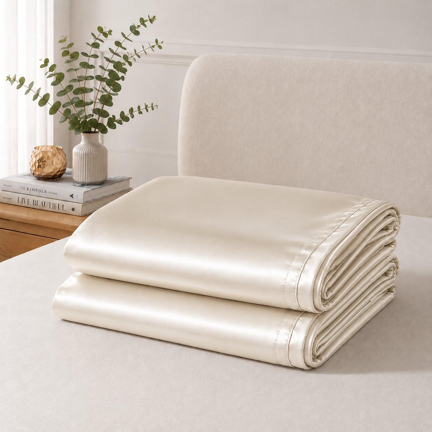 Ivory satin pillowcases folded stack with stitched edge trim