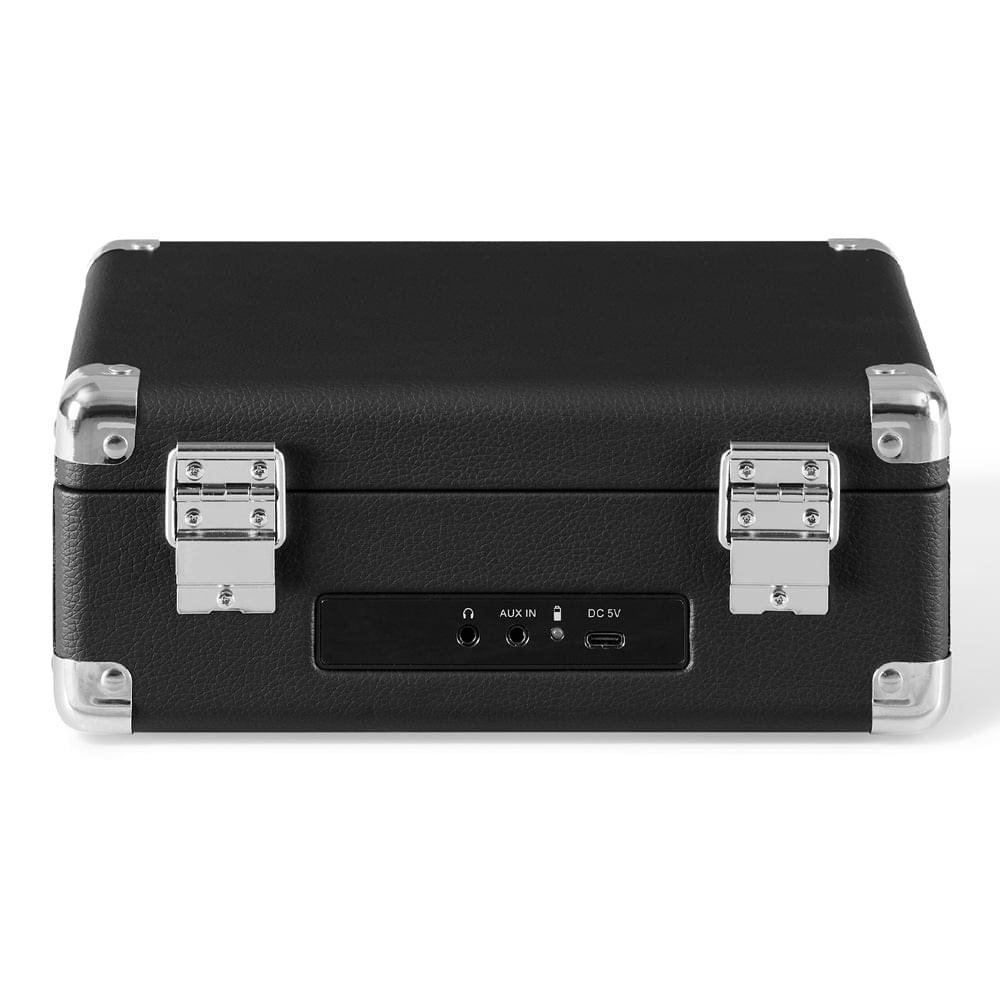 Black portable retro CD player back with AUX and DC 5V ports and metal latches