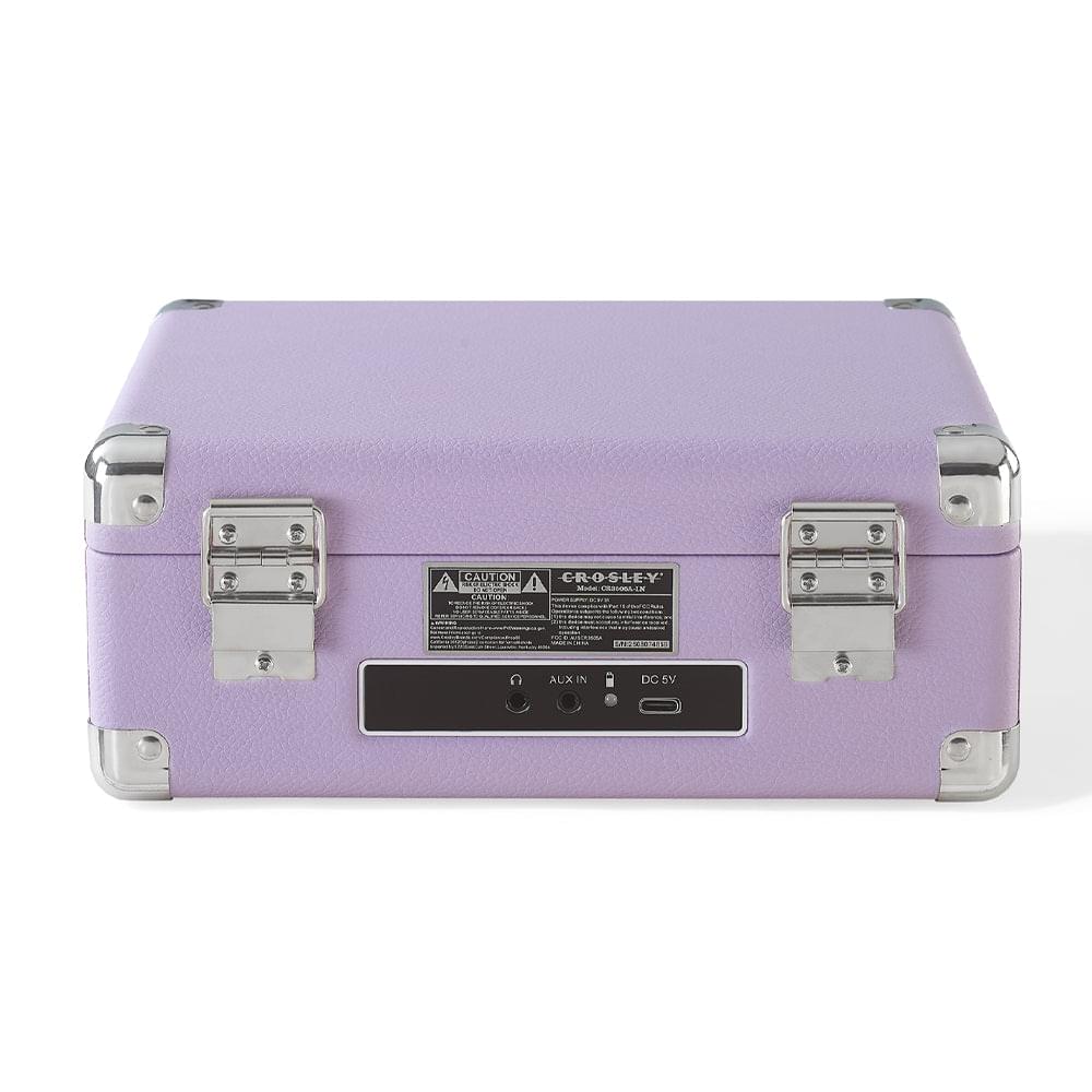 Lavender portable CD player back panel with metal latches and input/output controls