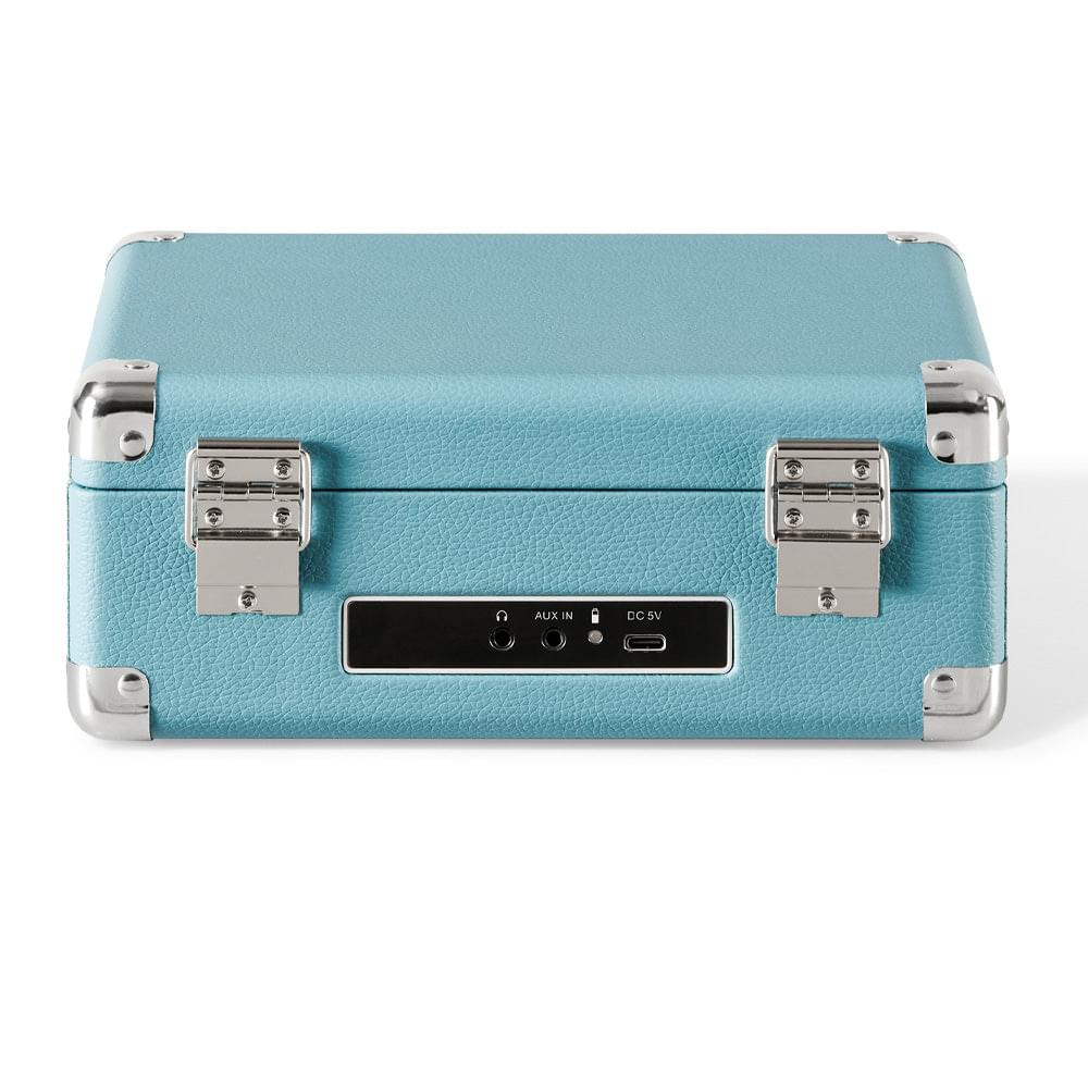 Turquoise portable CD player rear panel with latch hardware and input display