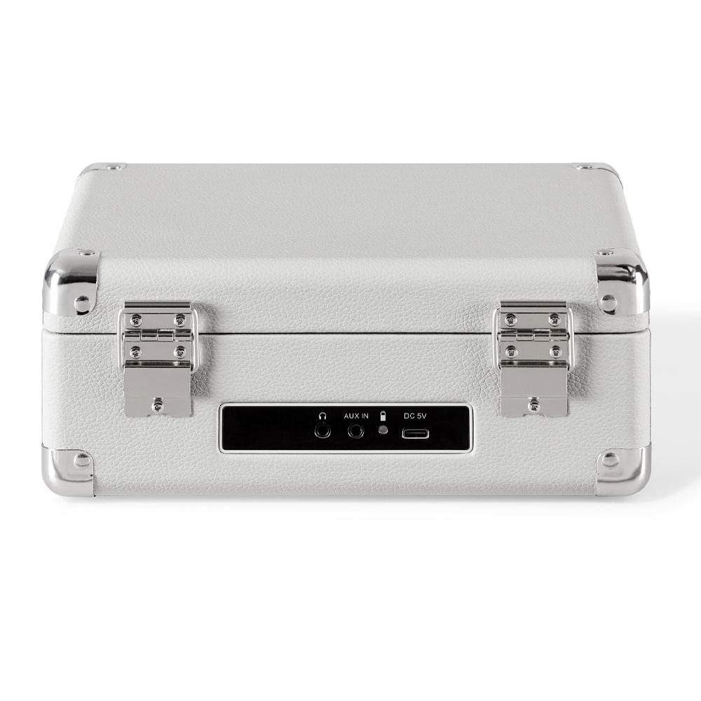 White Crosley portable CD player back panel with ports and metal latch clips