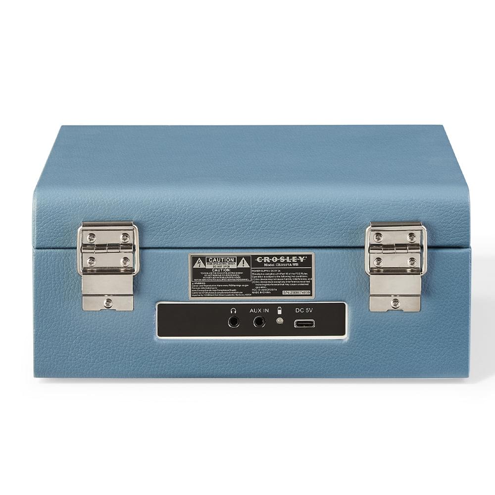 Back of blue portable CD player with AUX and DC 5V ports and metal latches