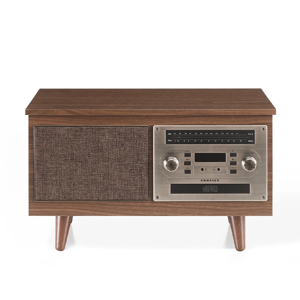 All-in-one record player with wood cabinet, cloth speaker and front control panel.
