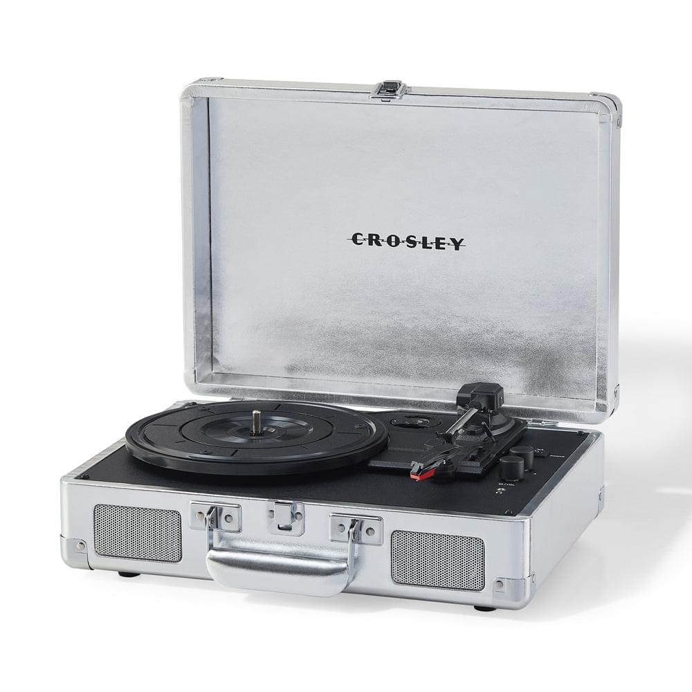 Silver Crosley portable turntable in open case with speakers and controls