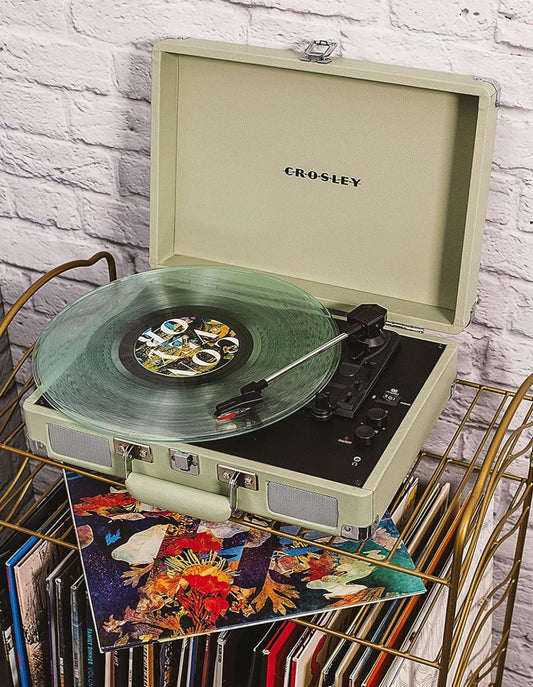 Mint Crosley Bluetooth portable turntable with vinyl record on platter and black rack