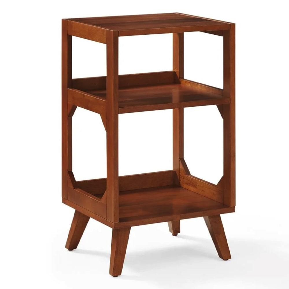Walnut-style turntable stand with open shelves and four angled legs