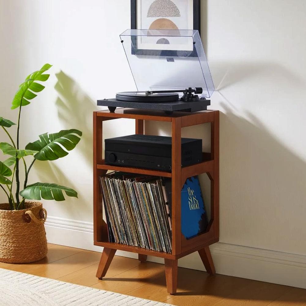 Wood record player shelf with open sides and vinyl records on lower compartments